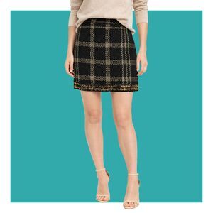 Rachel Zoe Black & Gold Plaid Tweed Mini Skirt with Golden Frayed Fringe Hem